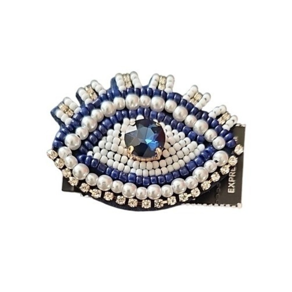 Express Evil Eye Beaded Brooch Pin Blue White Faux Pearl Rhinestone NWT